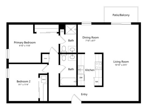 Floor plan for 2 beds, 2 baths, 1000 sqft